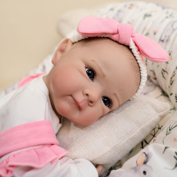 🆕18Inch Realistic Full Vinyl Body Newborn Girl Pink Overalls Bunny Accessory - Picture 4 of 5